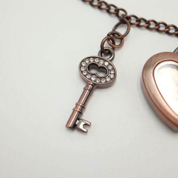 Decree Womens Bronze Tone Key Dog Tag Love Heart Pendant Watch w New Battery - Picture 4 of 7